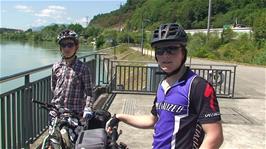 Will and Ash at Alpiq Hydro HEP station near Boningen on a very hot afternoon, 5.1 miles into the ride